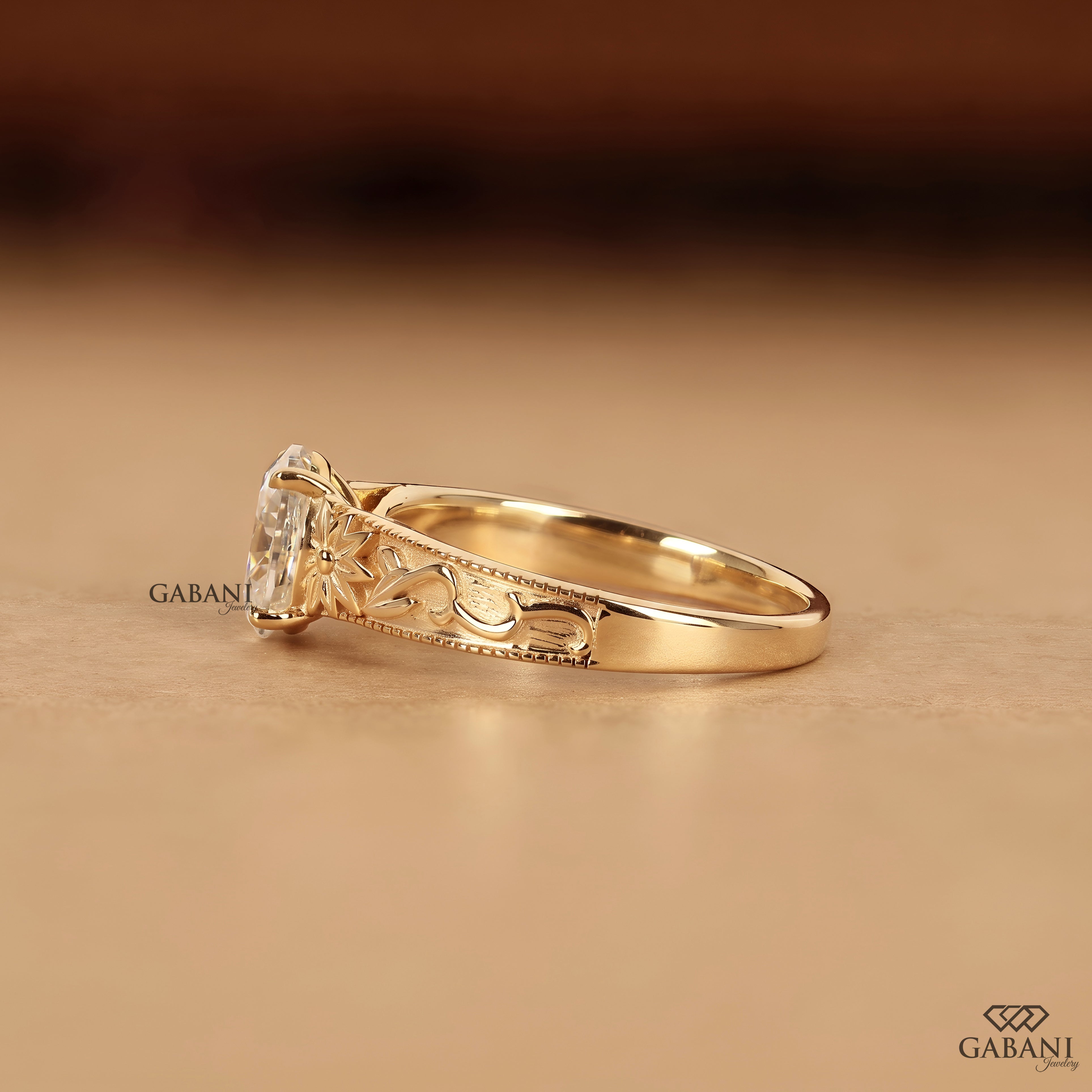 Elegant oval lab created diamond ring designed to pair with wedding bands