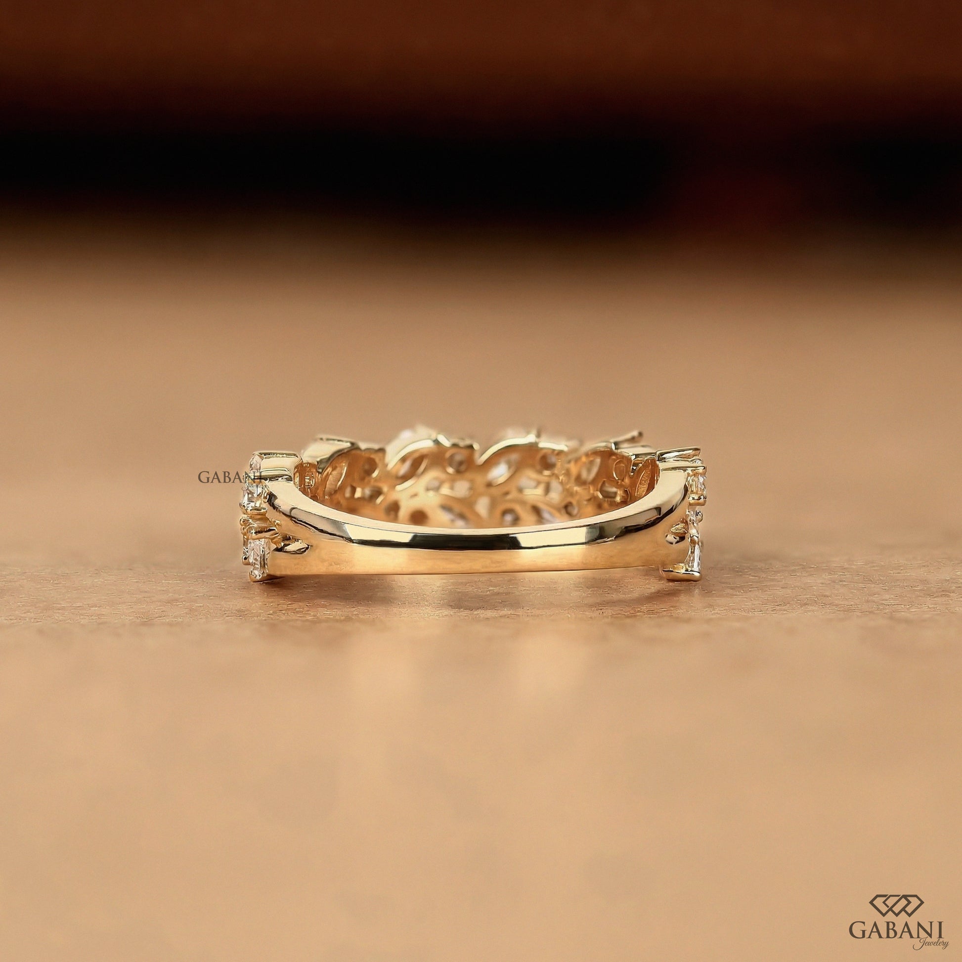 double row lab grown diamond ring with marquise and round stones in solid gold band