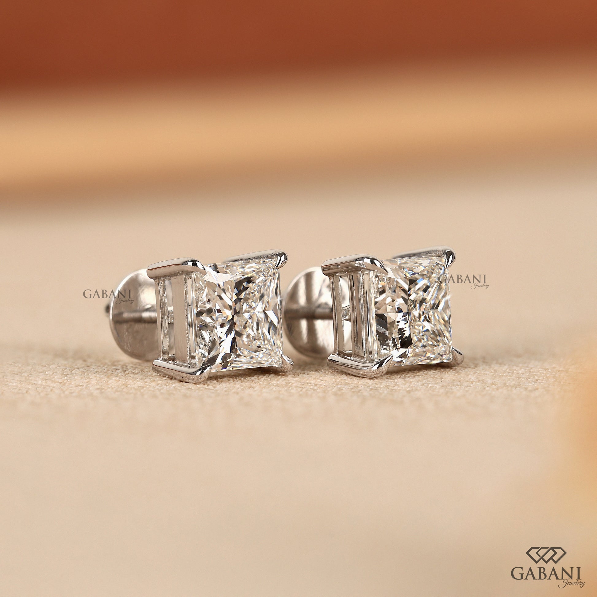 Modern white gold princess cut lab diamond earrings
