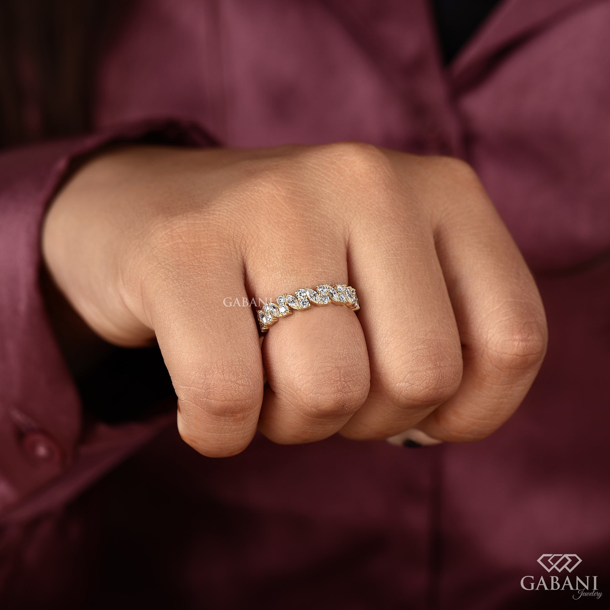 half eternity stacking band with marquise and round lab grown diamonds in smooth yellow gold