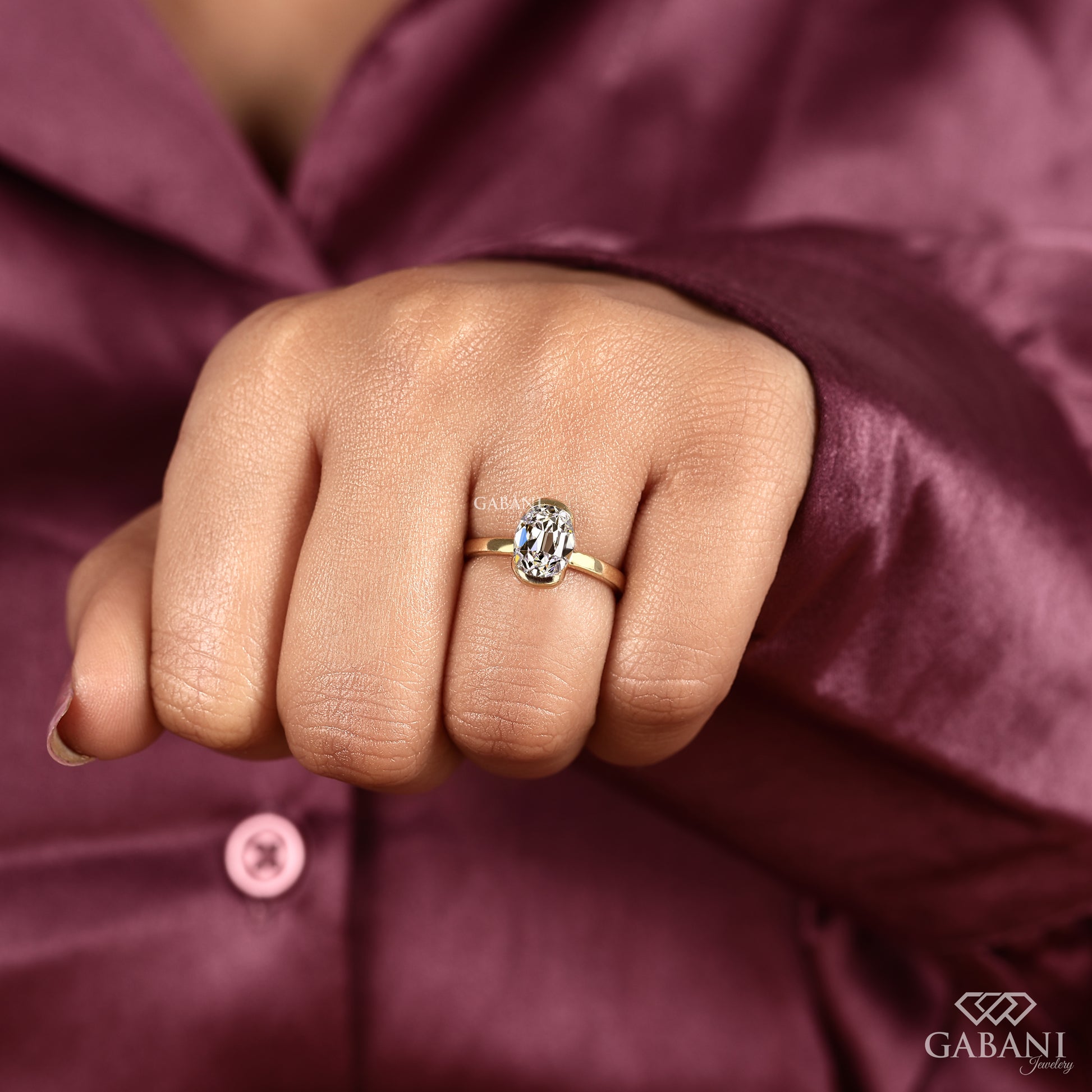 Yellow gold comfort fit ring with old mine oval lab grown diamond solitaire setting