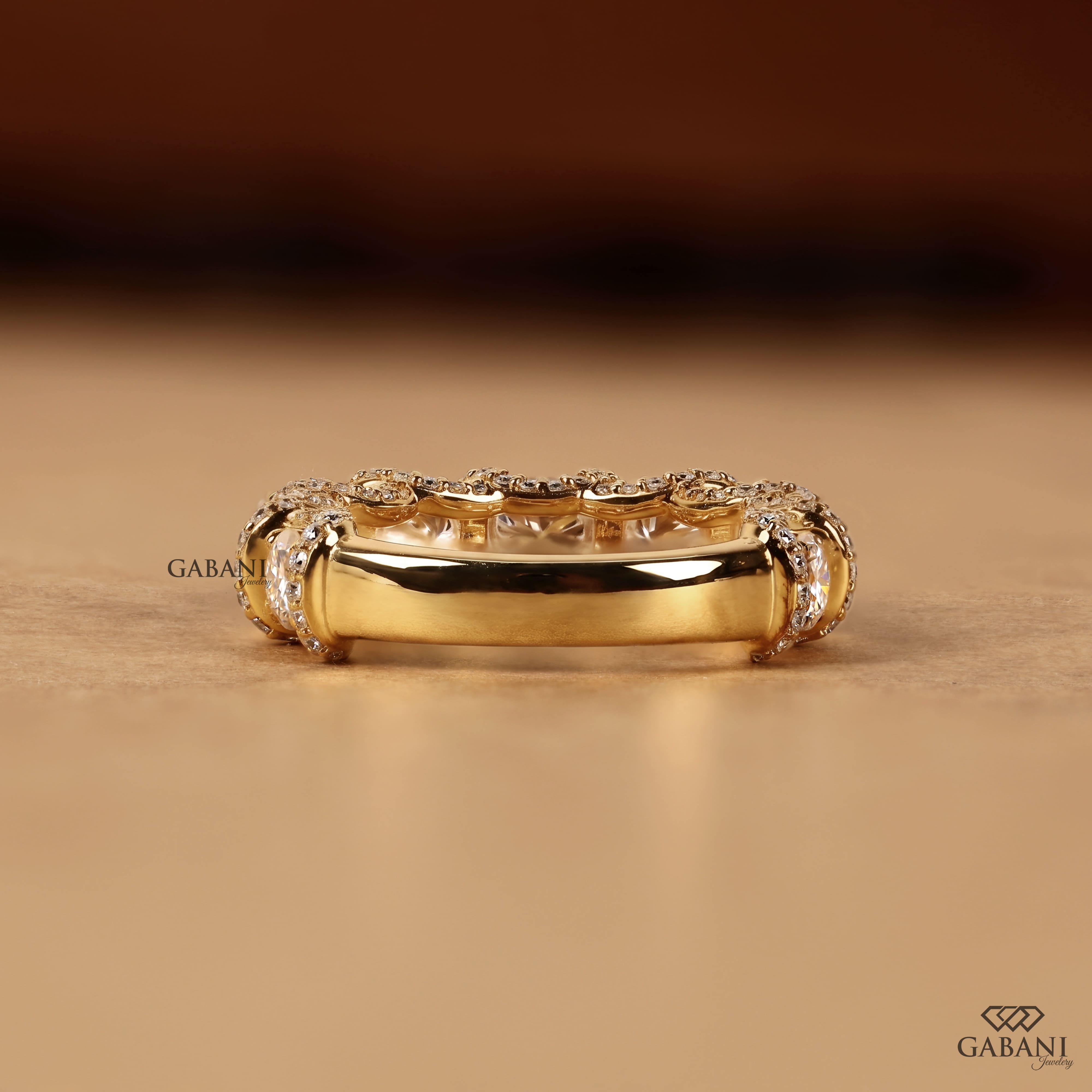 Five stone round cut lab grown diamond wedding band in yellow gold with diamond accent setting, designed for bridal, anniversary and stackable wear.