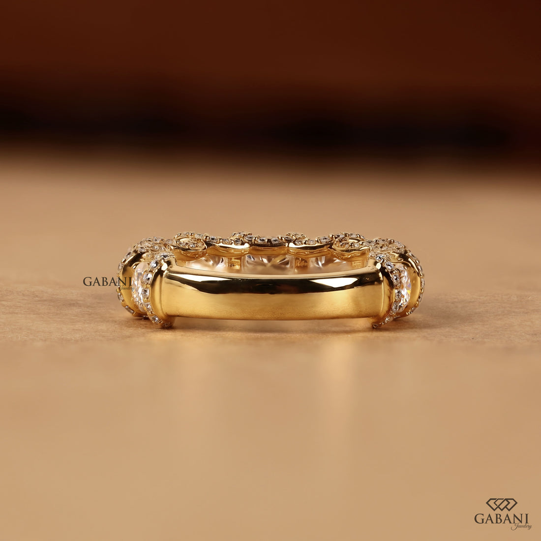 Five stone round cut lab grown diamond wedding band in yellow gold with diamond accent setting, designed for bridal, anniversary and stackable wear.