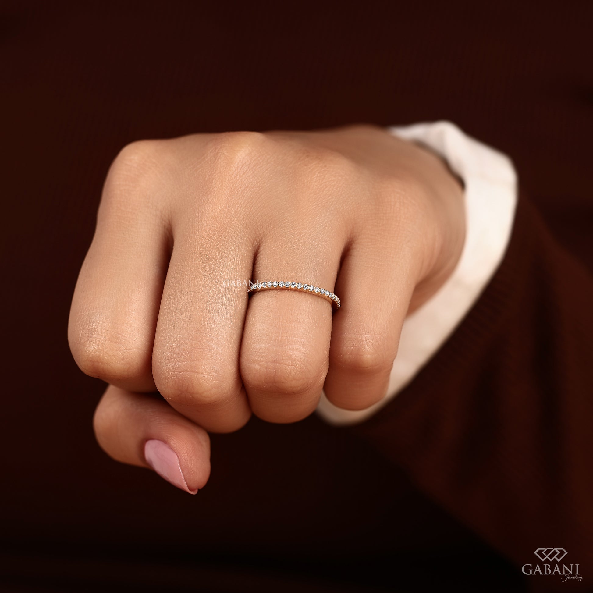 round lab diamond stacking band in 14k gold with half eternity pave design