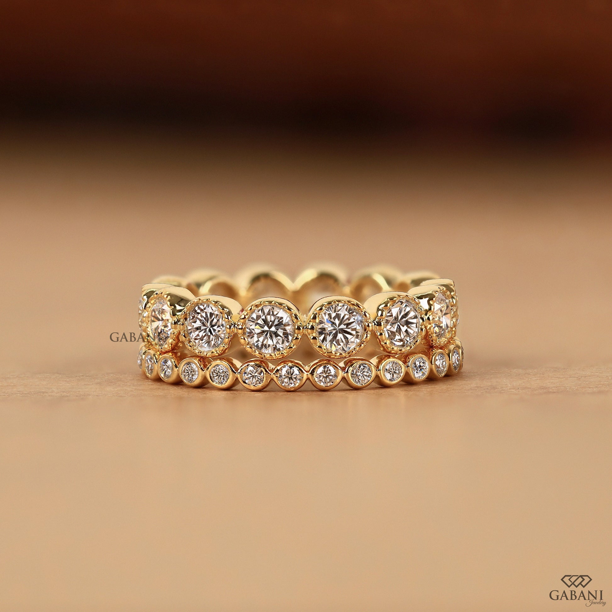 round lab diamond matching band in 14k gold with milgrain eternity setting