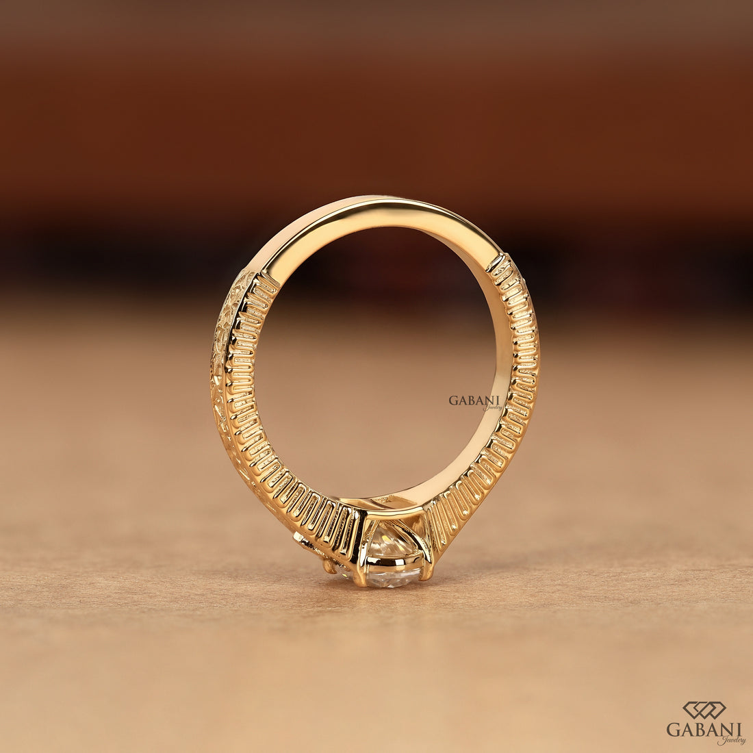 Oval diamond engraved gold engagement ring