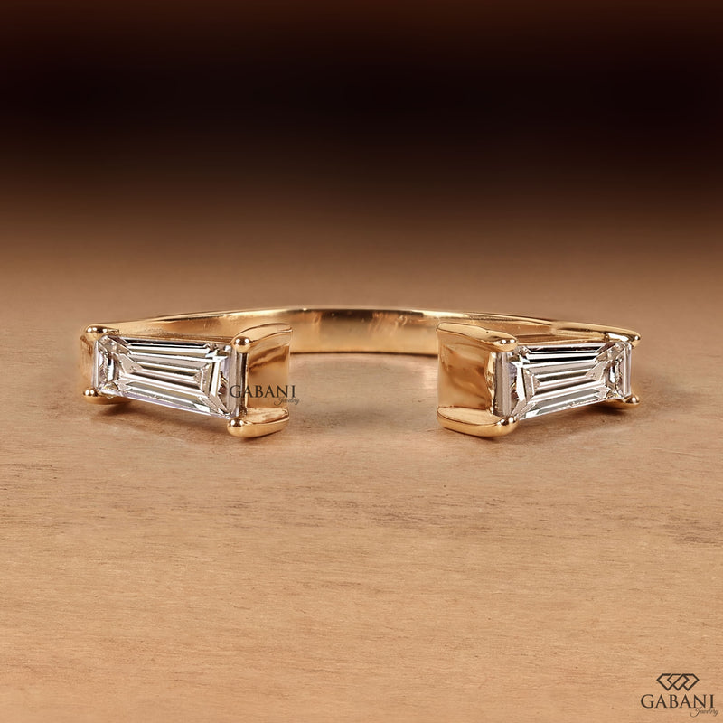 Baguette Cut Lab Grown Diamond Open Cuff Ring in 18K Yellow Gold