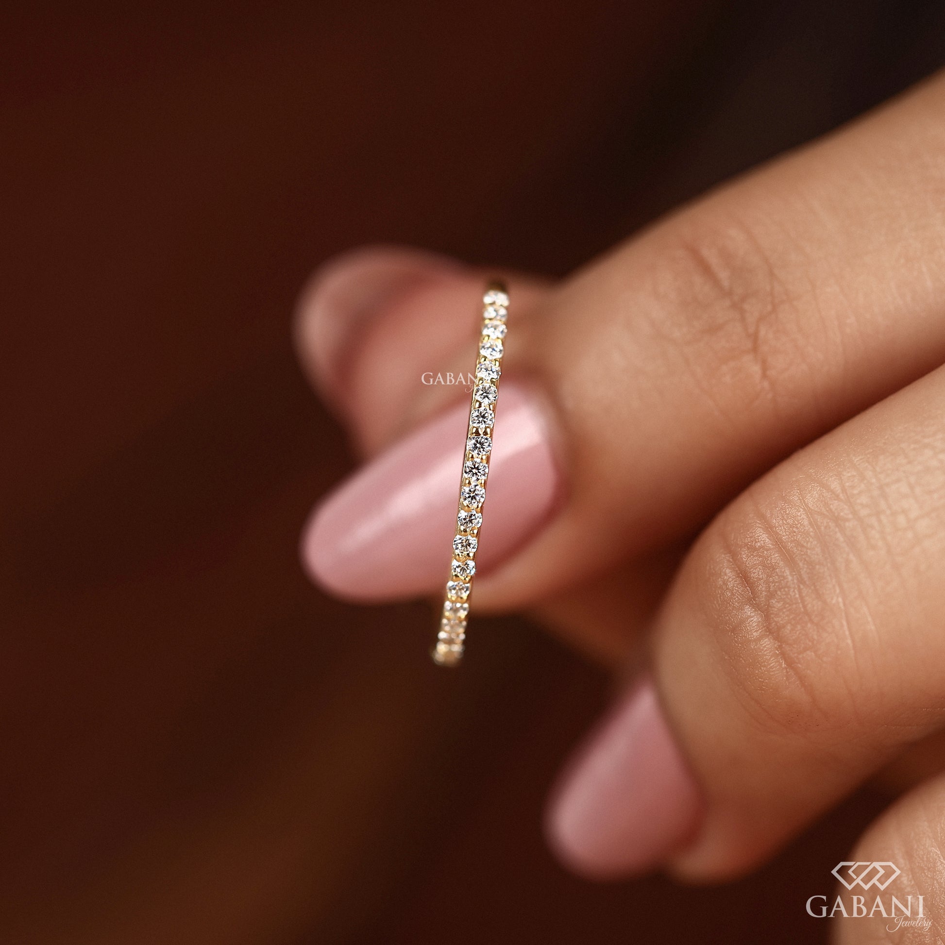 gabani jewelry dainty round diamond band in 14k gold, minimal half eternity stacking ring