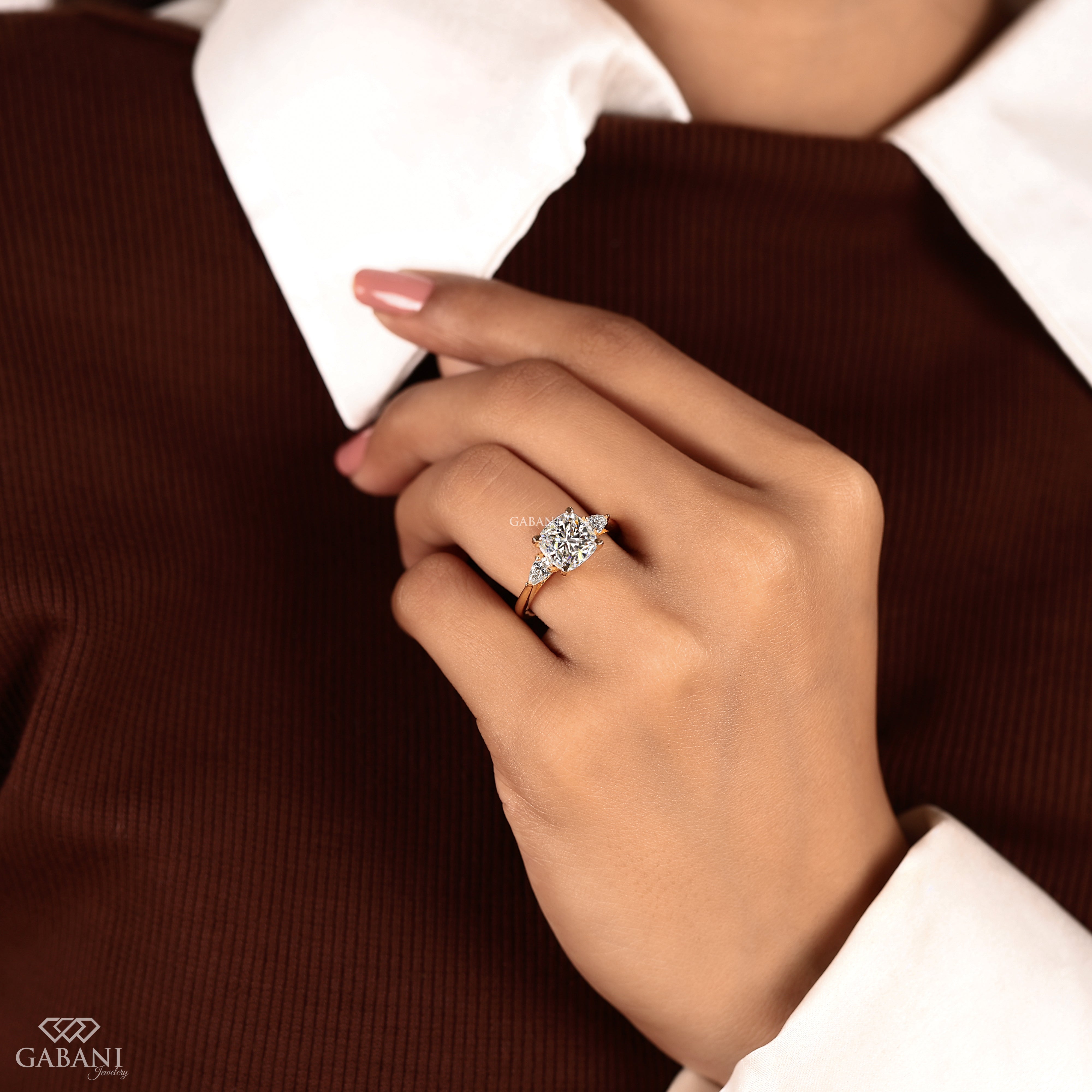 IGI certified lab grown diamond ring with pear side stones