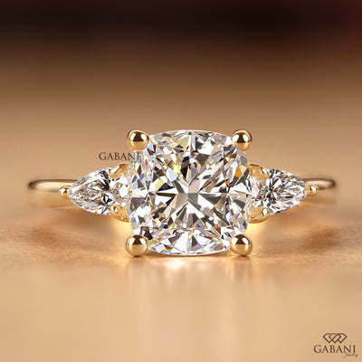 Cushion cut lab grown diamond three stone engagement ring