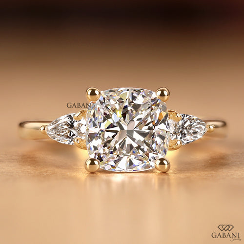 Cushion cut lab grown diamond three stone engagement ring