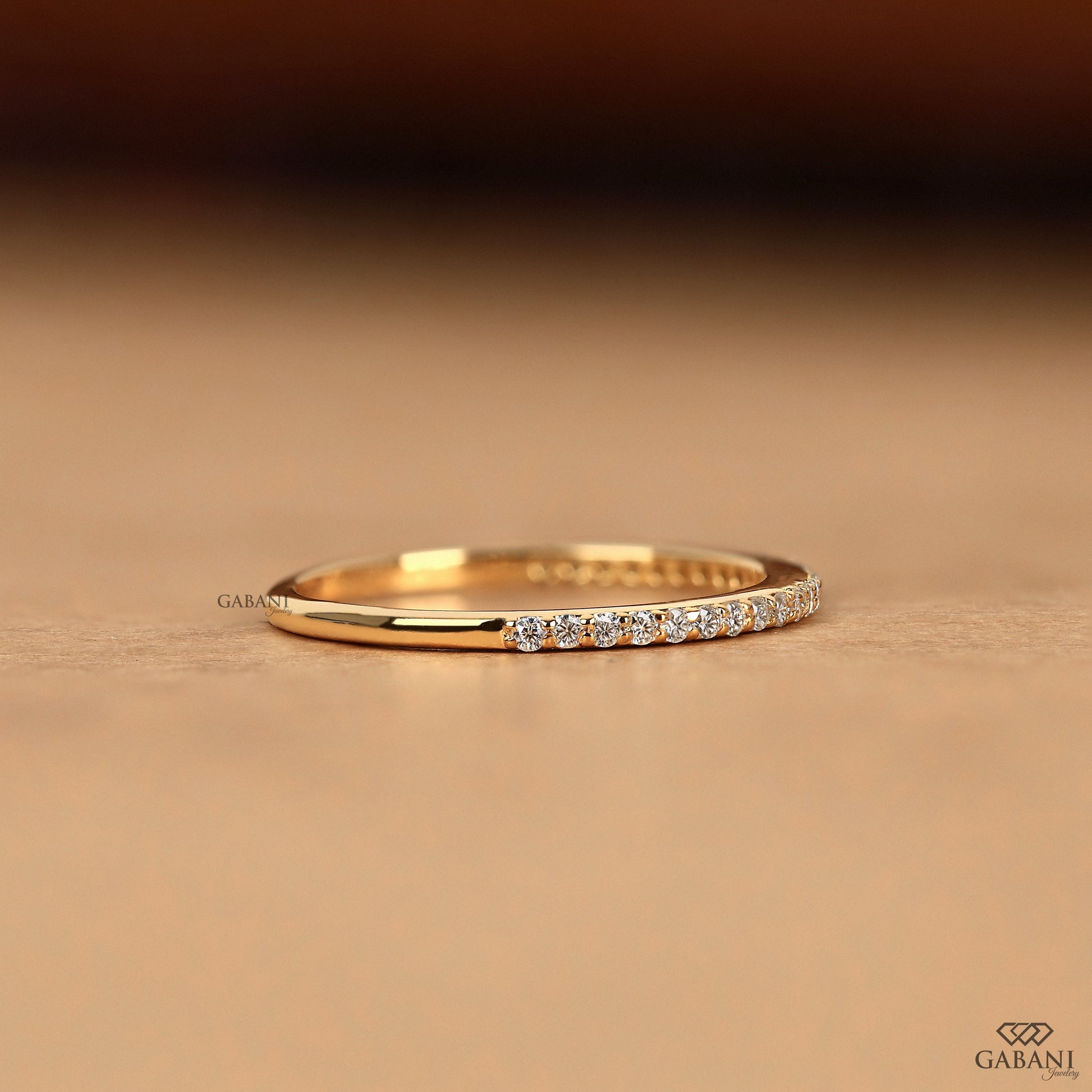 round lab diamond wedding band in 14k gold, dainty half eternity pave style ring