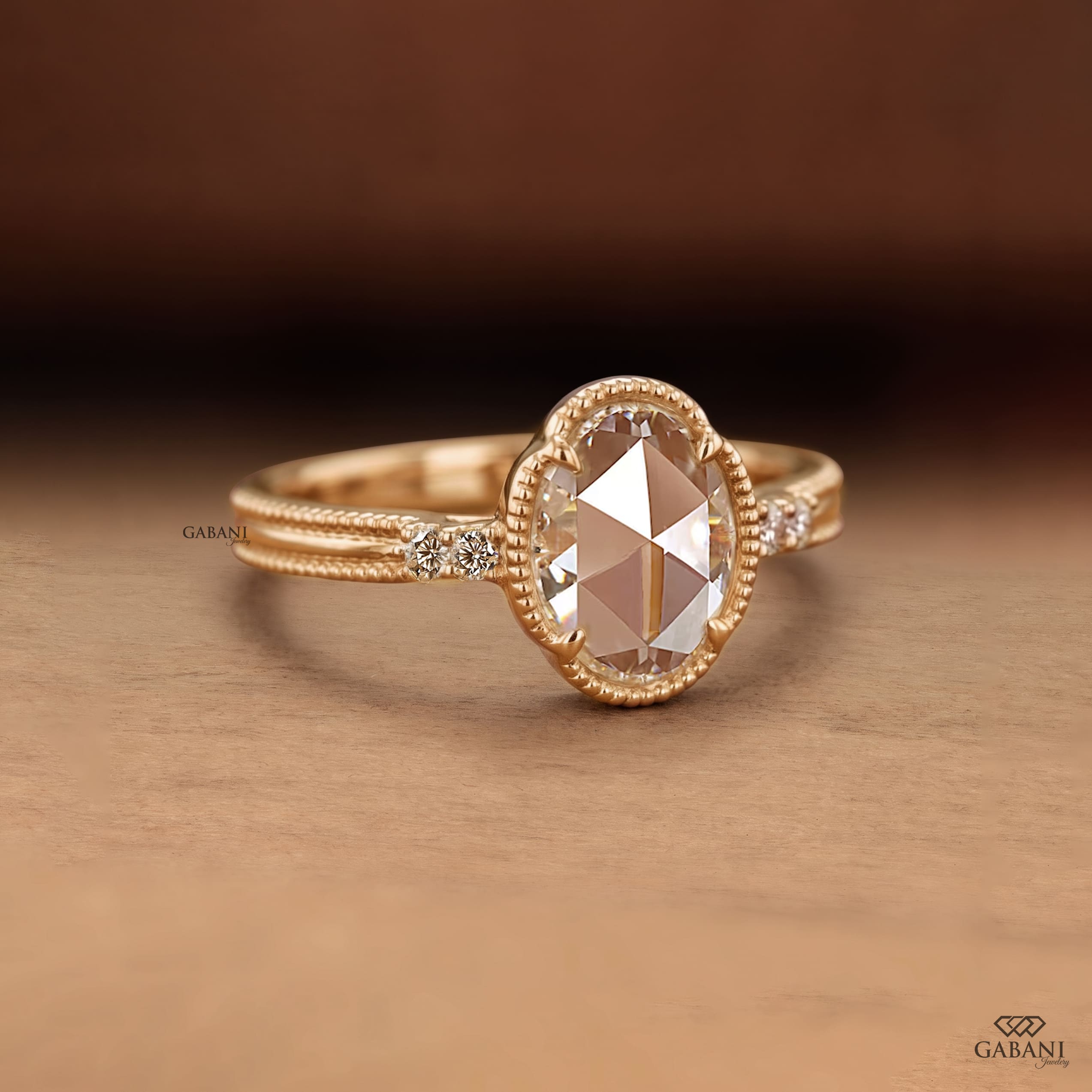 Oval rose cut lab grown diamond engagement ring with round side diamonds, vintage milgrain detailing and split shank design.