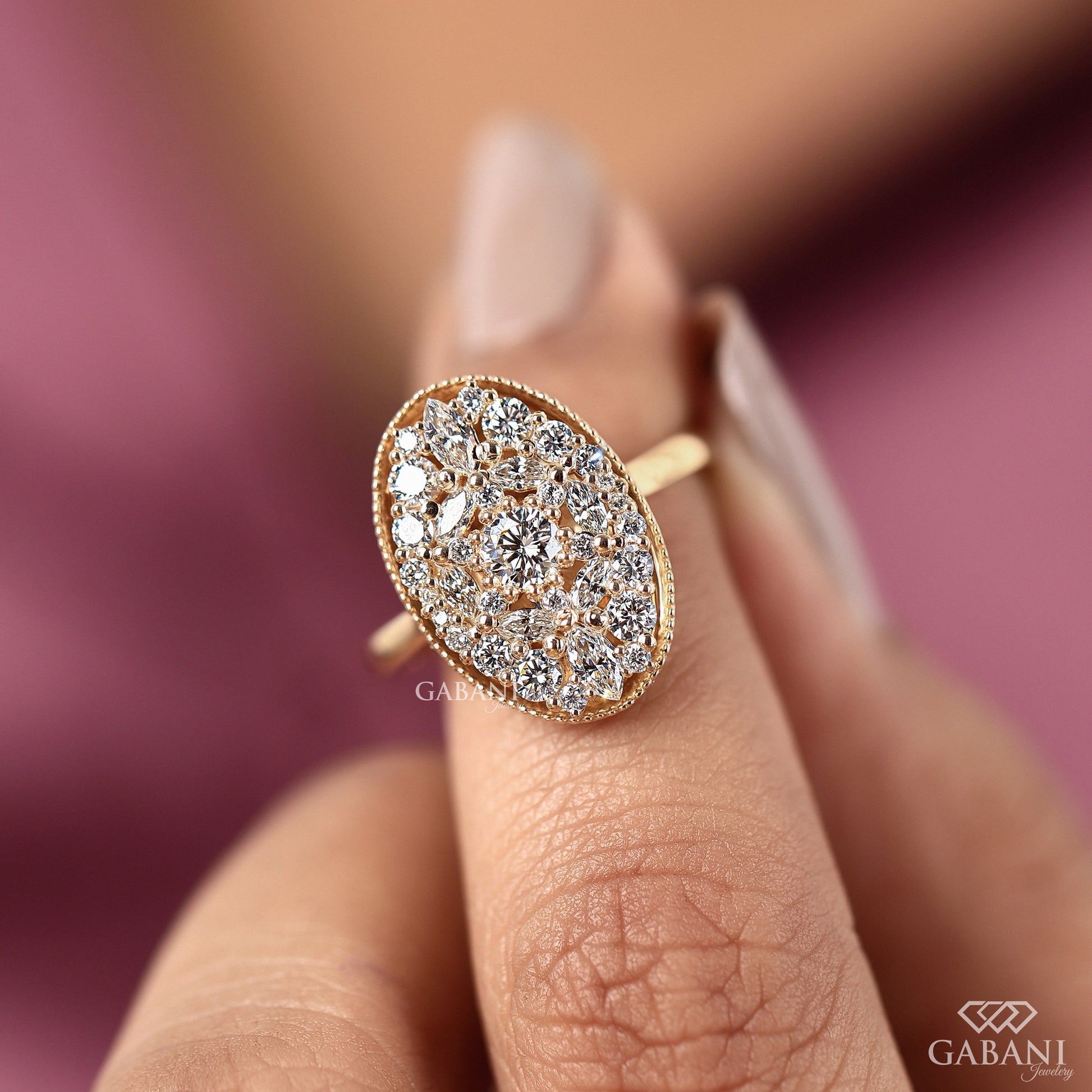 Oval mosaic diamond ring for engagement or anniversary
