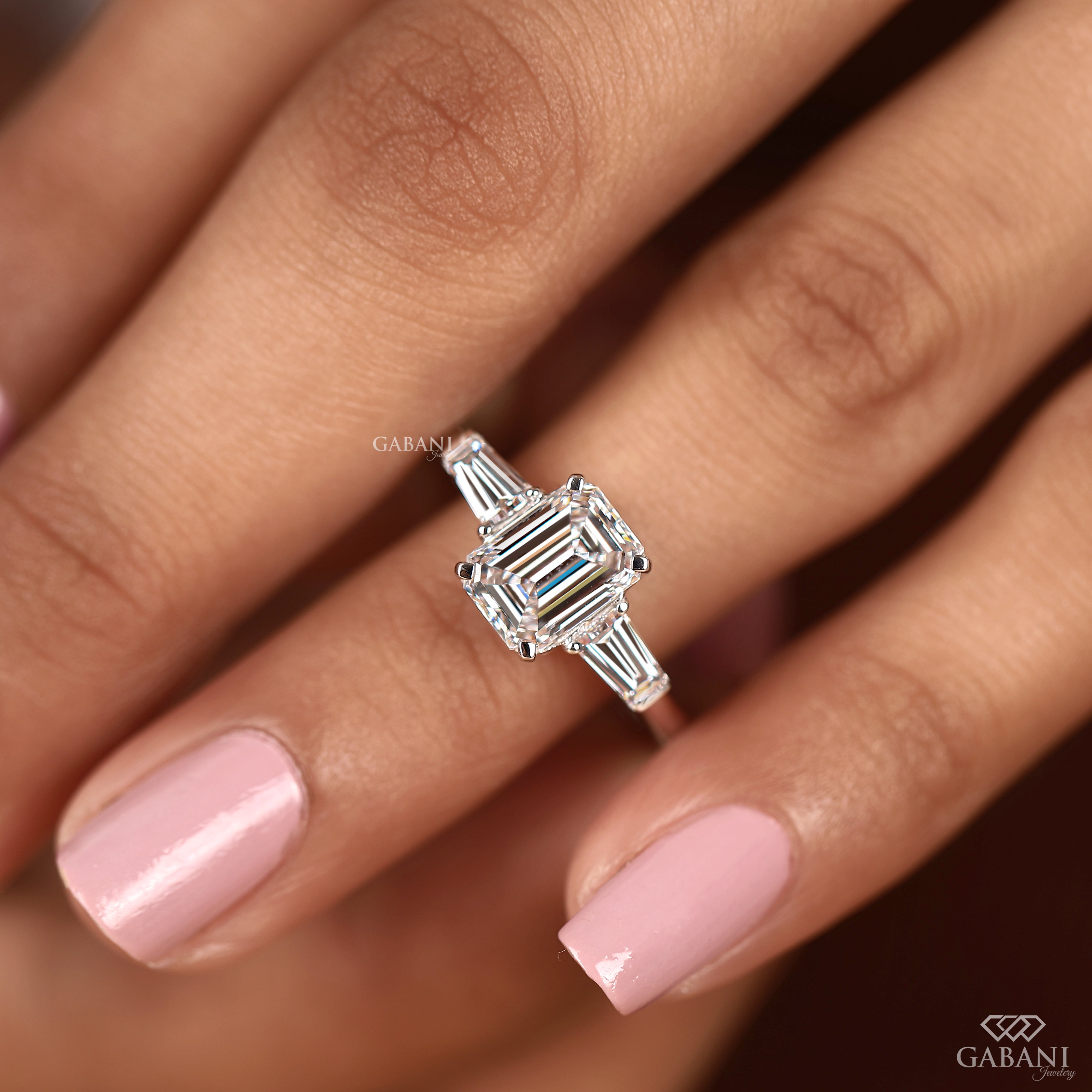White gold three stone engagement ring with lab grown diamonds