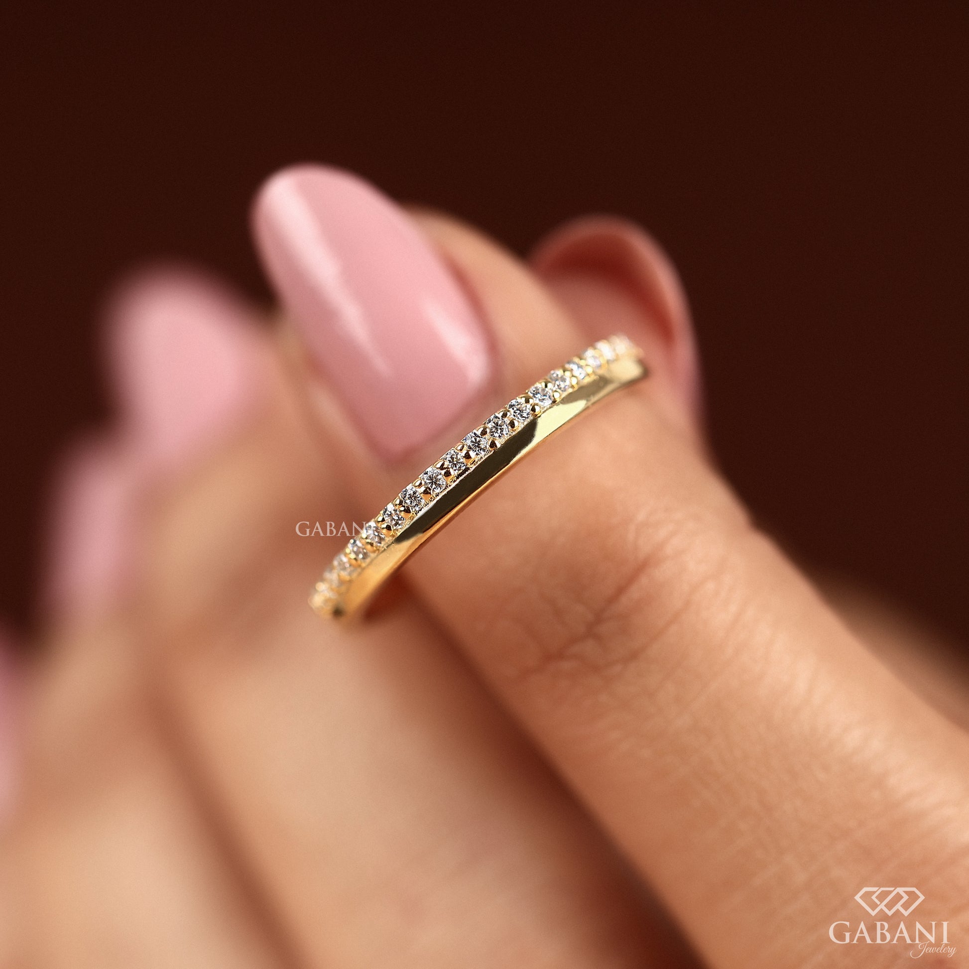 lab grown diamond stacking band with one side pave design in gold