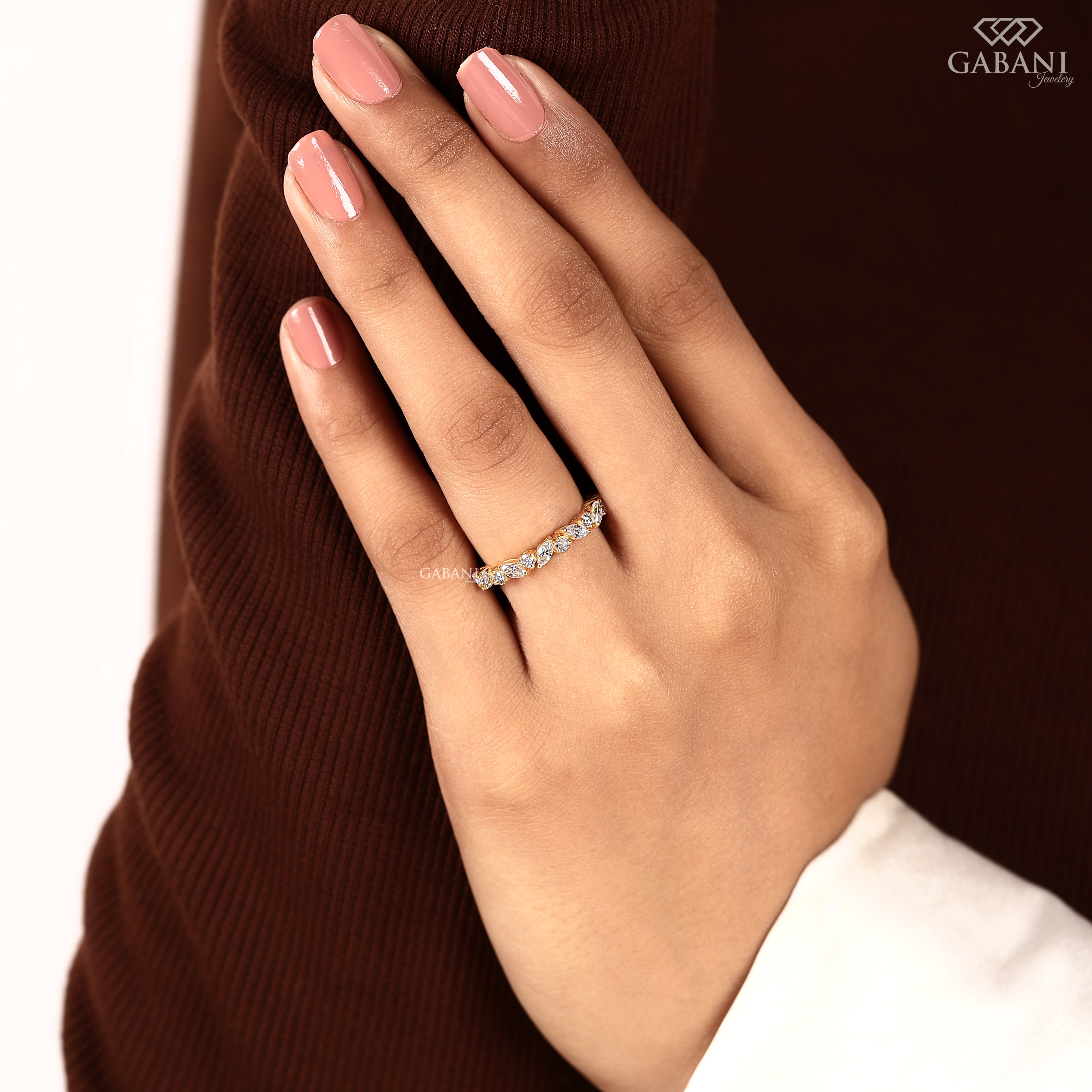 Minimal marquise and round diamond band in solid gold for weddings, stacking, or matching ring sets