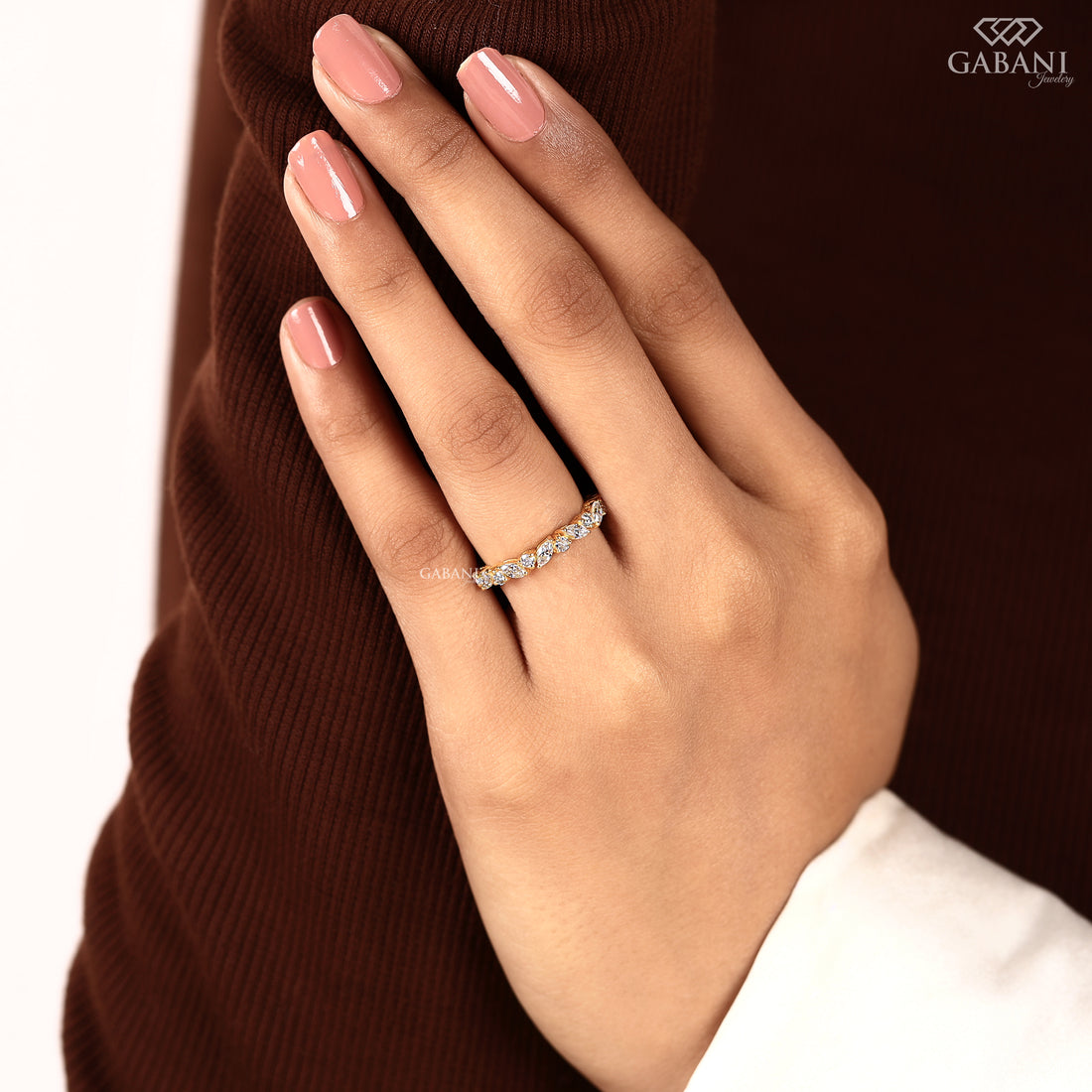 Minimal marquise and round diamond band in solid gold for weddings, stacking, or matching ring sets