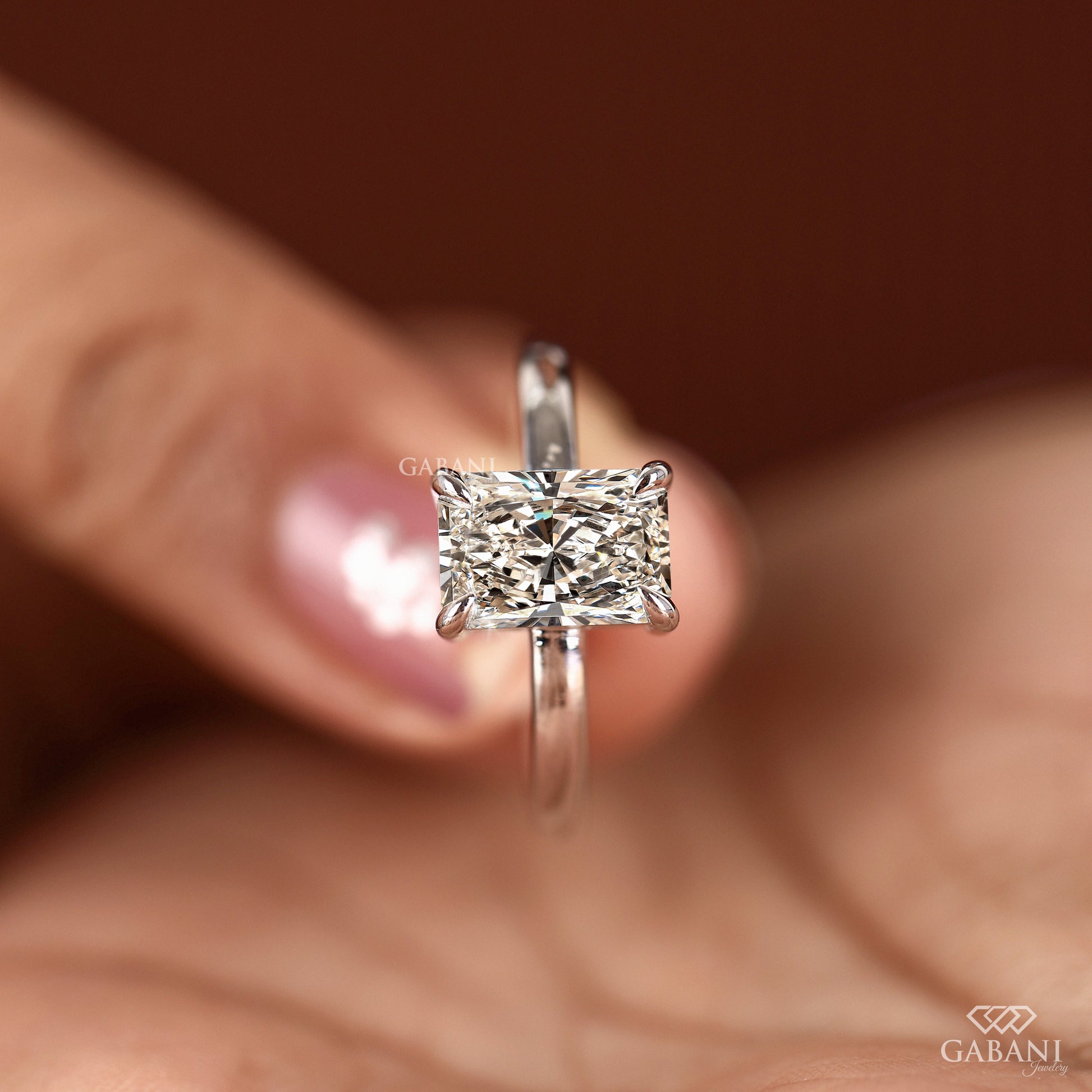 minimal solitaire ring with radiant cut lab grown diamond in solid 14k white gold